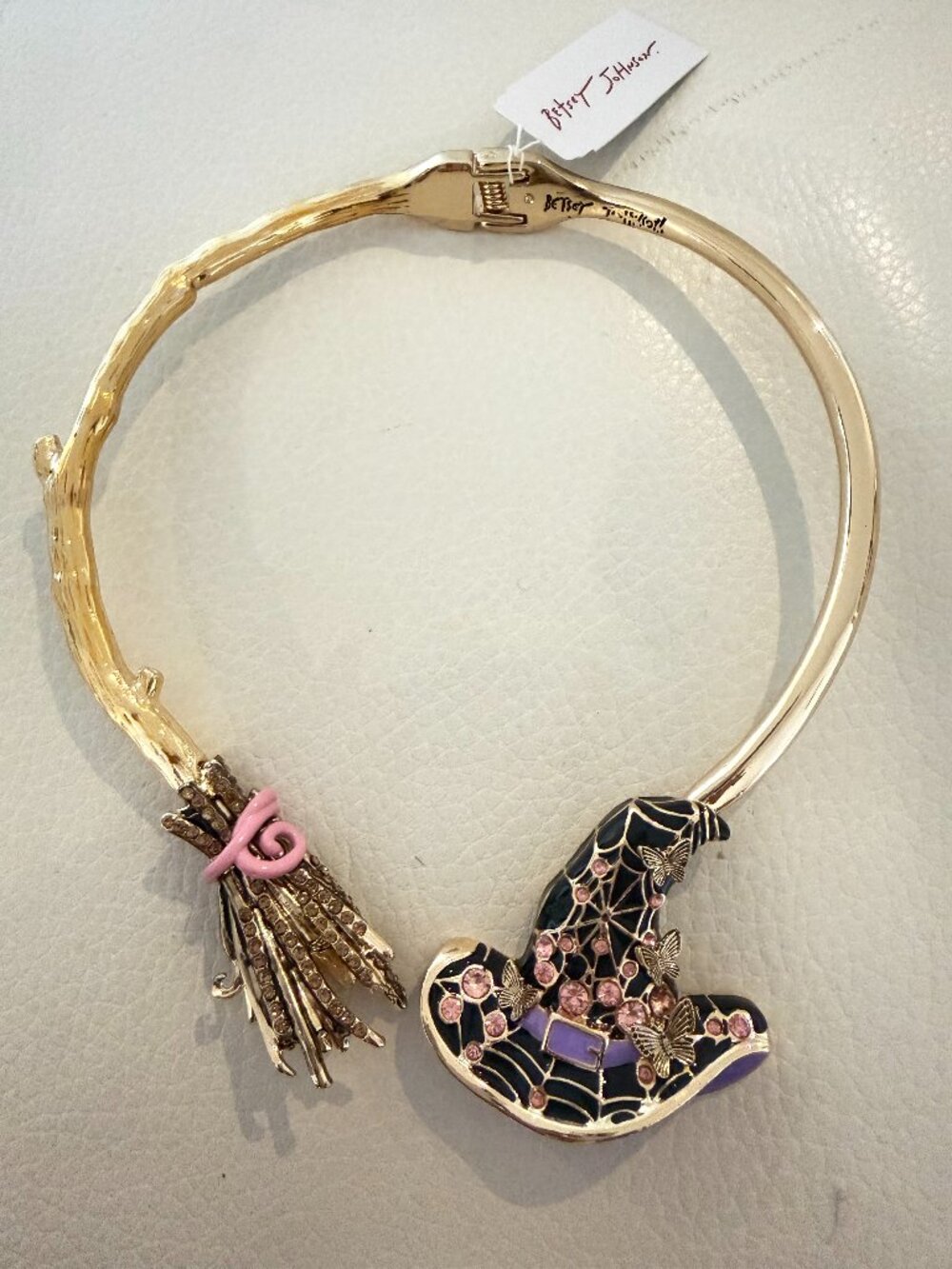 Betsey Johnson Halloween Witch Hat & Broom Enamel Crystal Necklace Gold tone